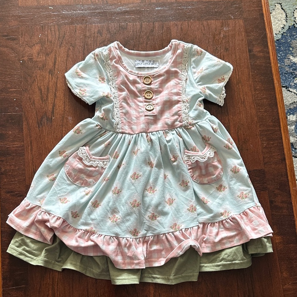 Adorable Pink and Green Kids Dress with Button Details